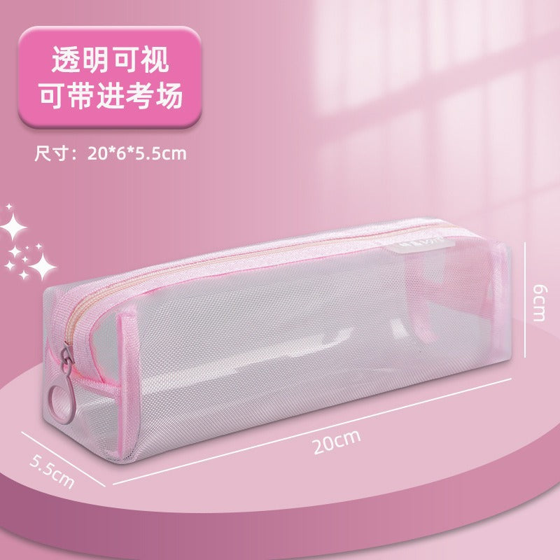 Mesh Large-Capacity Pencil Case, Transparent Double-Layer Student Exam Zipper Stationery Storage Bag, Three-Layer Stationery Bag