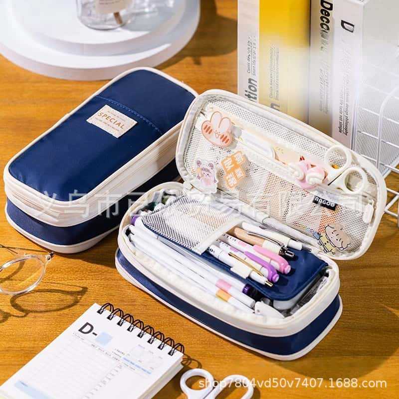 Oxford Cloth Pencil Case with Large Capacity and Multi-Layer Design, Stationery Box for Primary and Secondary School Students, High Aesthetic Value, Simple and Waterproof, Direct from the Source Factory