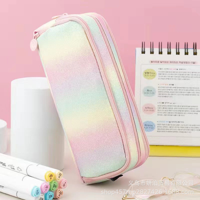 in stock Multi-layer Canvas Retractable Pencil Case Korean Simple High School Student Macaron Color-block Variable Large Capacity Pencil Case