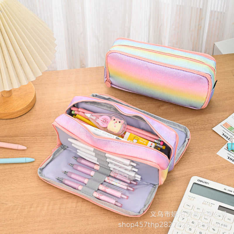 in stock Multi-layer Canvas Retractable Pencil Case Korean Simple High School Student Macaron Color-block Variable Large Capacity Pencil Case