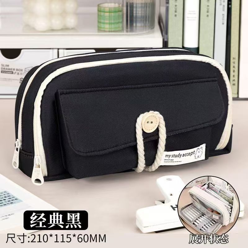 Button Pencil Bag with Good Looks for Girls, Large Capacity, Simple Ins Student Creative Canvas Stationery Bag, Pencil Stationery Box