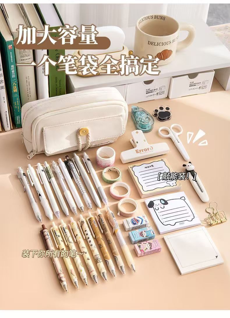 Button Pencil Bag with Good Looks for Girls, Large Capacity, Simple Ins Student Creative Canvas Stationery Bag, Pencil Stationery Box