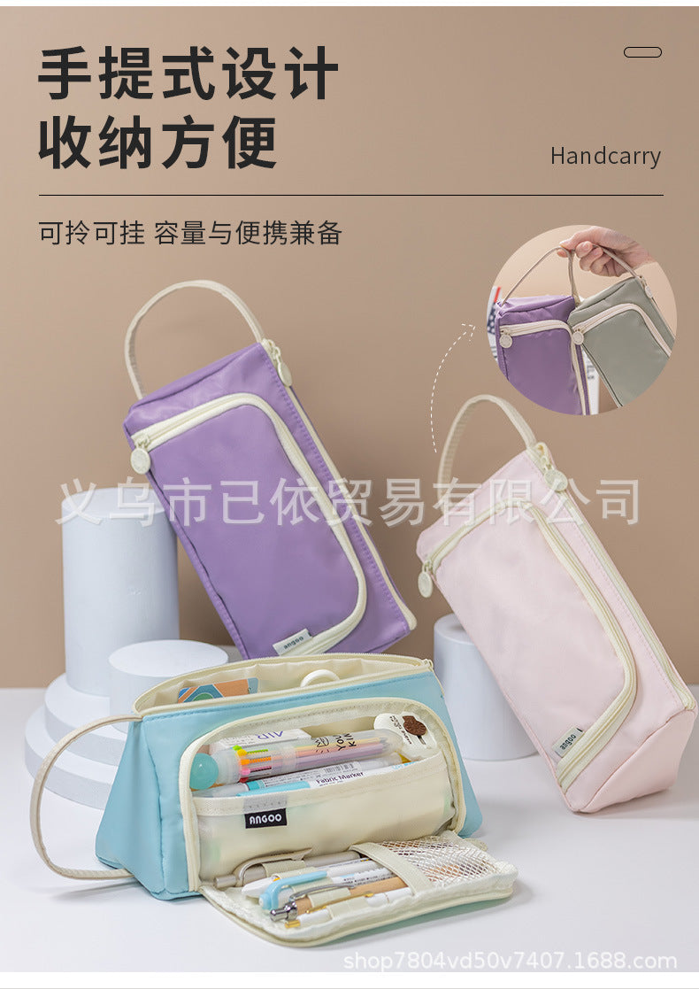 Triangular Pencil Case with Large Capacity and Multi-Functional Features, Korean-Style Ins-Style Stationery Box for Middle and High School Students, Direct from the Manufacturer