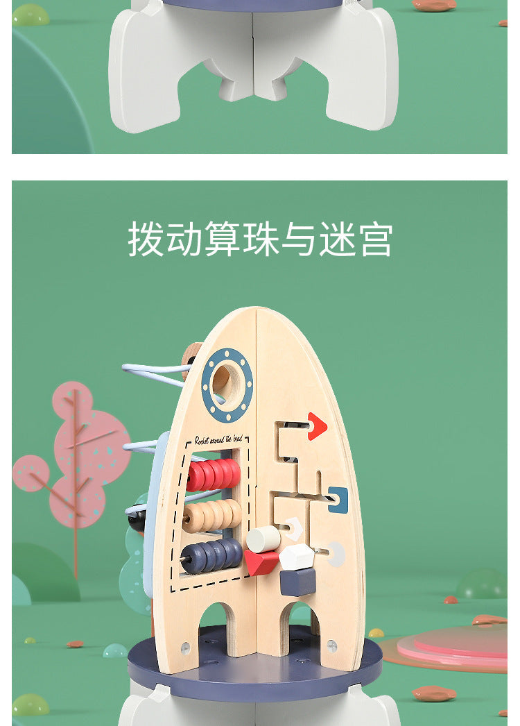 New Children's Wooden Space Rocket Multi-Functional Educational Early Education Around Beads Montessori Toys Customized
