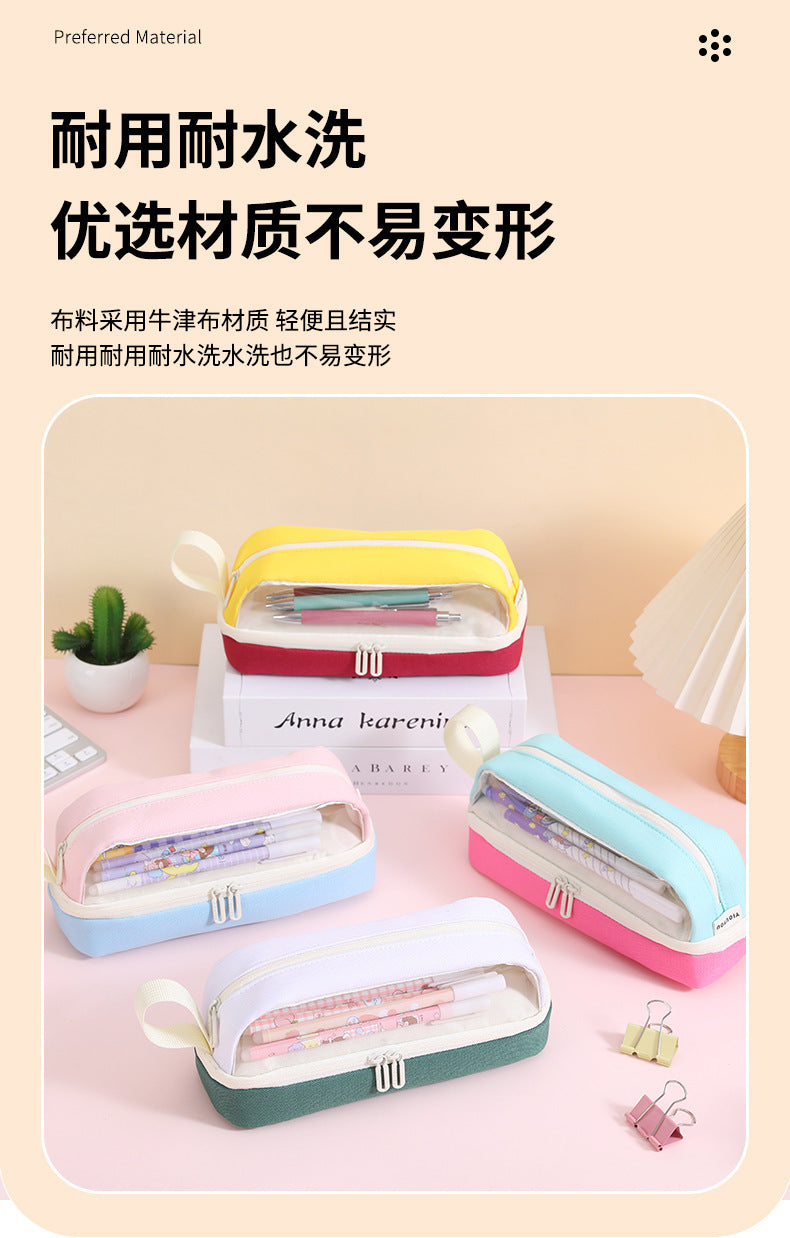 Large-Capacity Durable and Washable Student Stationery Oxford Cloth Storage Bag Transparent Square and Round Pencil Bag Multi-Layer Portable Pencil Bag