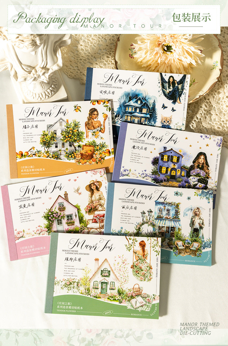 Manor Tour Landscaping Die-Cut Pet Sticker Book Retro Manor Orange Character Handbook Decoration Material Sticker