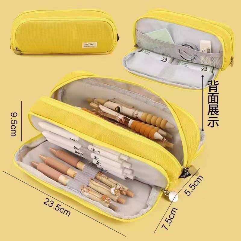 Cross-Border Color-Blocked Retractable Pencil Case, Large-Capacity Stationery Bag, Multifunctional Double-Zipper for Students, Simple and Convertible into Canvas