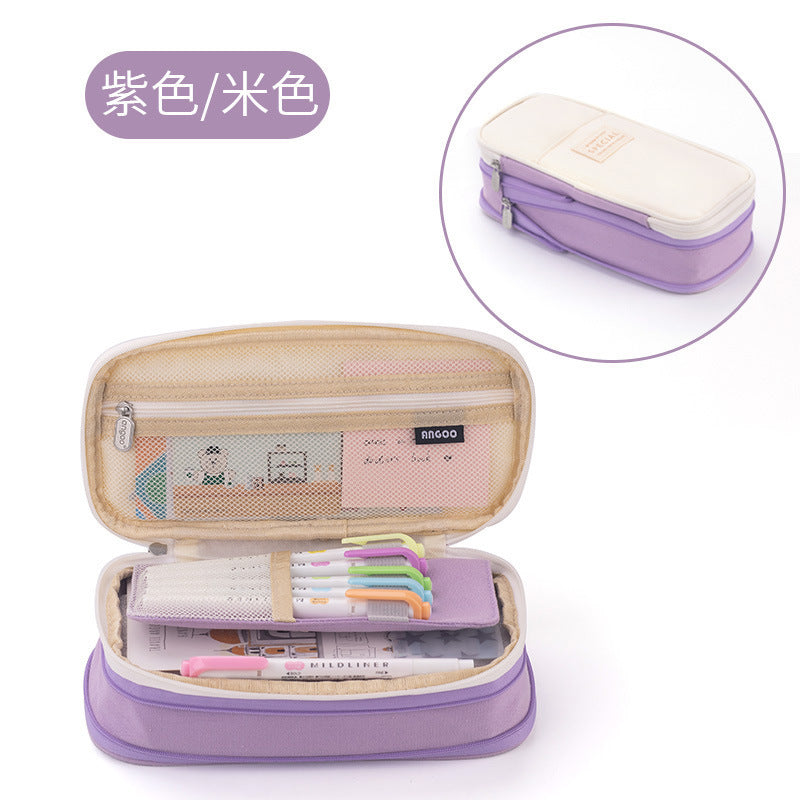 in stock Multi-layer Canvas Retractable Pencil Case Korean Simple High School Student Macaron Color-block Variable Large Capacity Pencil Case
