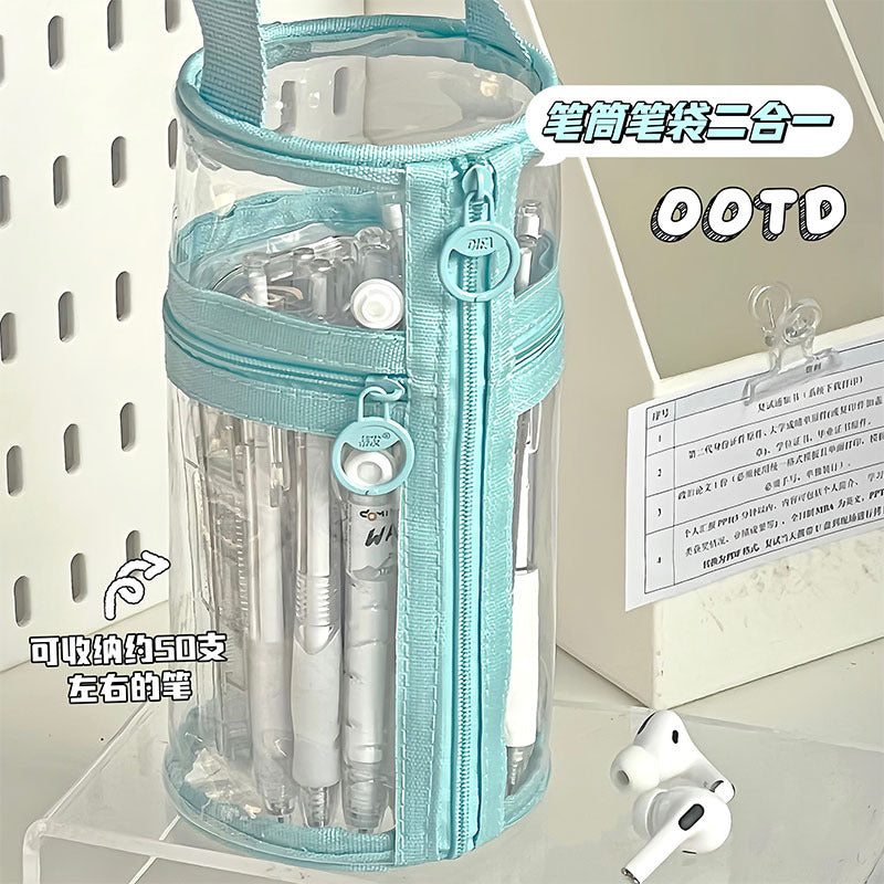 Ins Pen Holder Type Pencil Bag Large Capacity Storage Cylindrical Pen Holder Student High-Looking Transparent Waterproof Thickeneded Stationery Bag