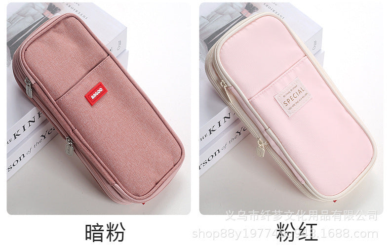 Cross-Border Color-Blocked Retractable Pencil Case, Large-Capacity Stationery Bag, Multifunctional Double-Zipper for Students, Simple and Convertible into Canvas