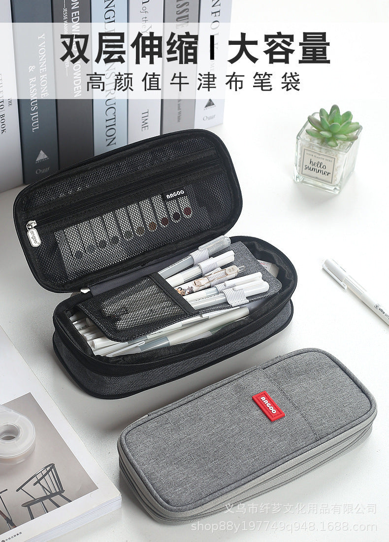 Cross-Border Color-Blocked Retractable Pencil Case, Large-Capacity Stationery Bag, Multifunctional Double-Zipper for Students, Simple and Convertible into Canvas