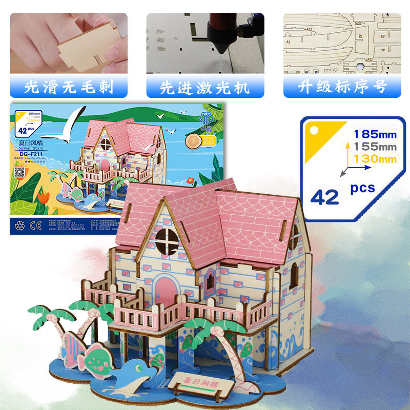 Name factory direct high-quality wood 3D three-dimensional puzzle Hummer cutting small house building Ferris wheel model