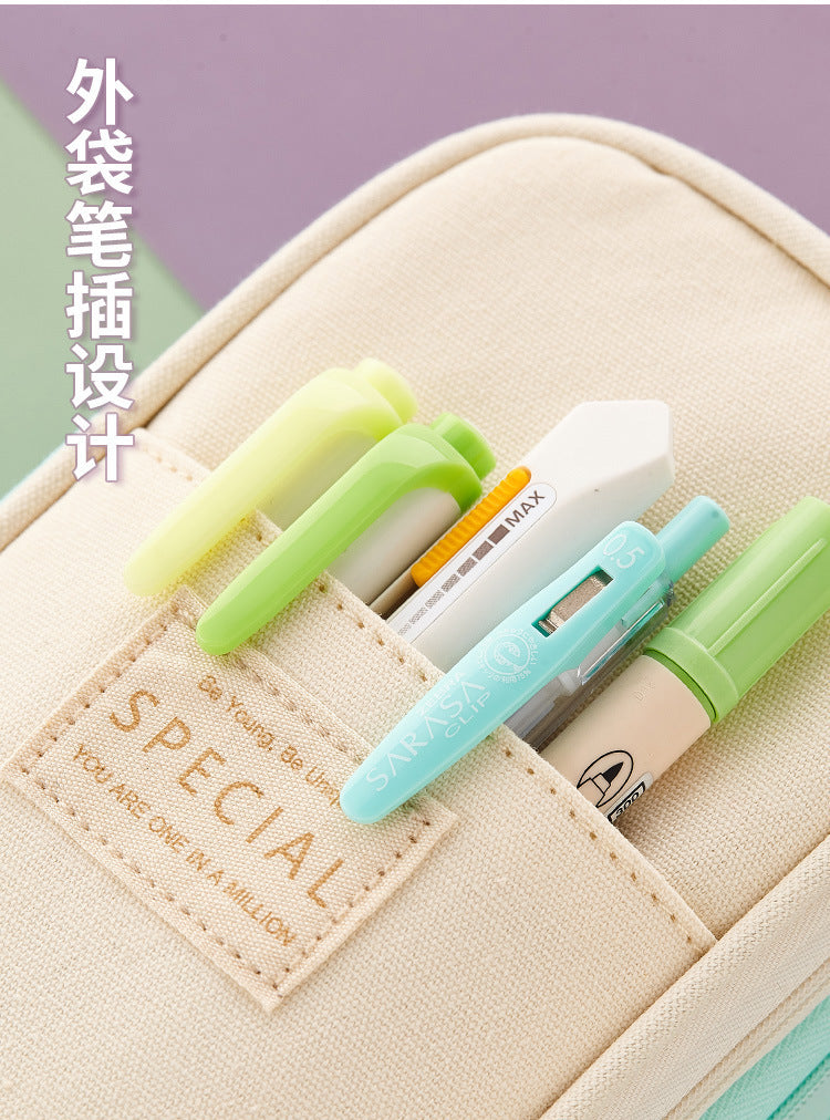 in stock Multi-layer Canvas Retractable Pencil Case Korean Simple High School Student Macaron Color-block Variable Large Capacity Pencil Case