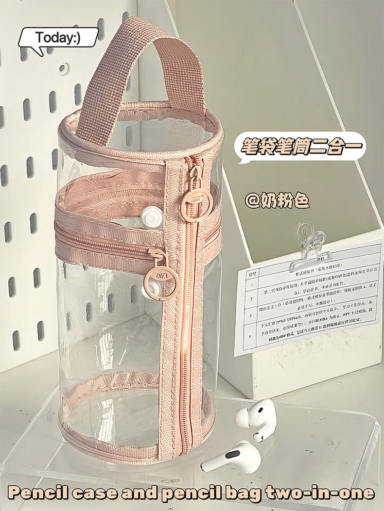 Ins Pen Holder Type Pencil Bag Large Capacity Storage Cylindrical Pen Holder Student High-Looking Transparent Waterproof Thickeneded Stationery Bag