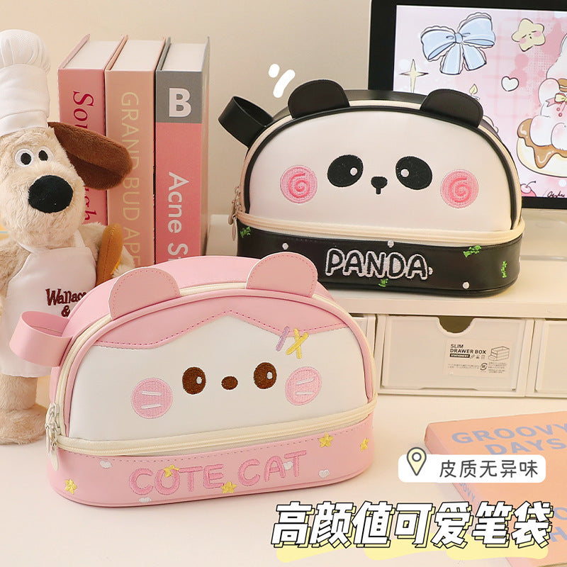 New Large Capacity Blush Panda Pu Pencil Case High-Looking Cute Cartoon Student Neutral Stationery Storage Box Wholesale