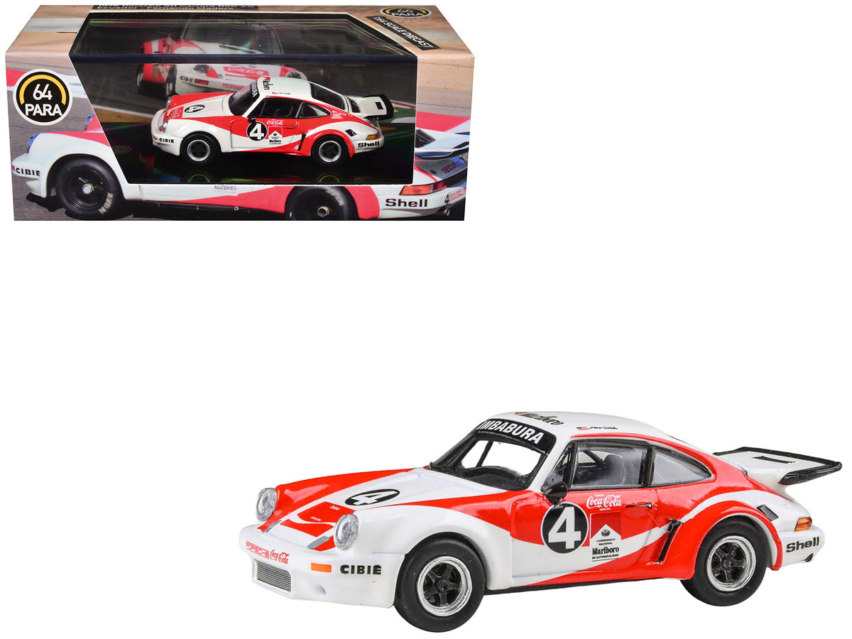 1976 Porsche 911 Carrera RSR 3.0 Ecuador #4 inchFernando Maderainch White and Red with Graphics 1/64 Diecast Model Car by Paragon Models