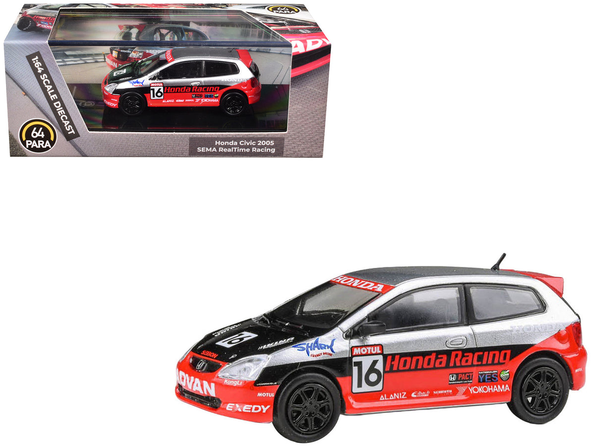 2005 Honda Civic #16 inchSEMA RealTime Racinginch Silver Metallic and Red with Black Graphics 1/64 Diecast Model Car by Paragon Models