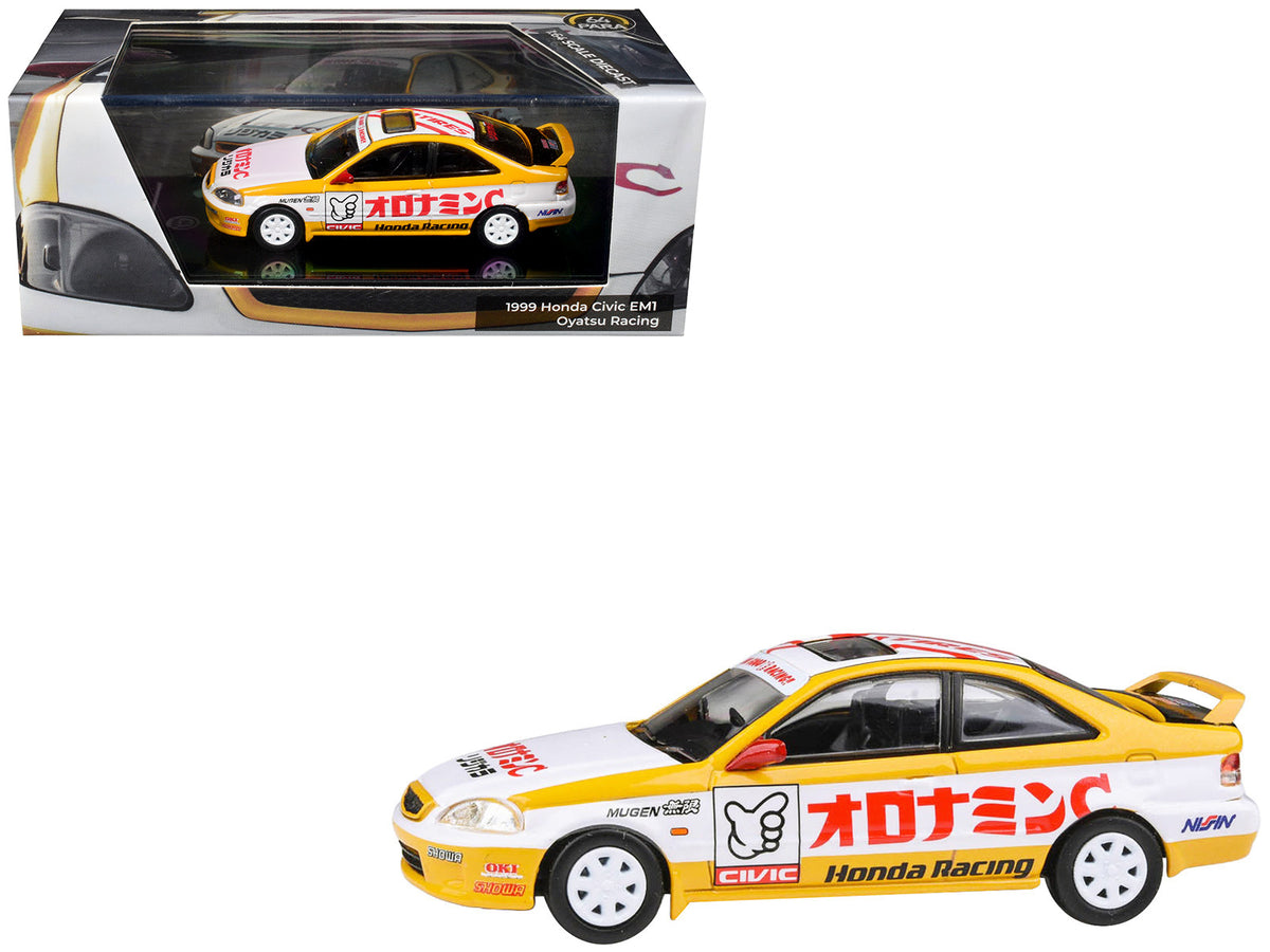 1999 Honda Civic EM1 RHD (Right Hand Drive) inchOyatsu Racinginch White and Yellow with Graphics 1/64 Diecast Model Car by Paragon Models