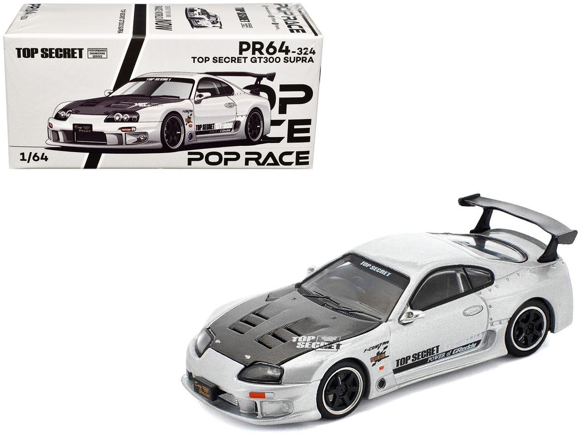 Toyota Supra inchTop Secretinch GT300 RHD (Right Hand Drive) Silver Metallic with Carbon Hood 1/64 Diecast Model Car by Pop Race