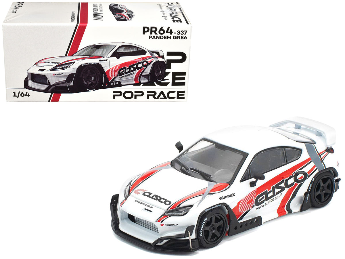 Toyota Pandem GR86 inchCuscoinch White with Racing Graphics 1/64 Diecast Model Car by Pop Race
