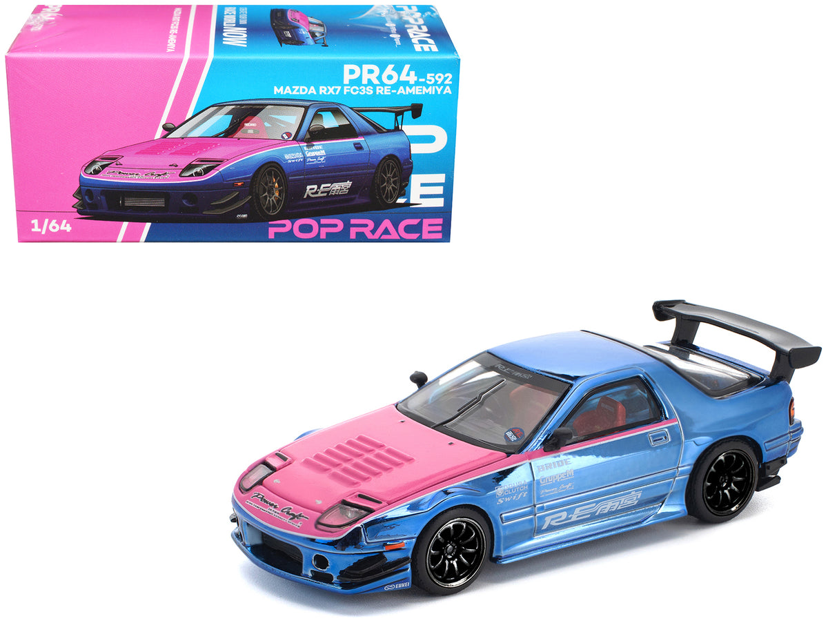 Mazda RX7 (FC3S) RE Amemiya RHD (Right Hand Drive) Blue Chrome with Pink Hood inchStreet 7 Chromeinch 1/64 Diecast Model Car by Pop Race