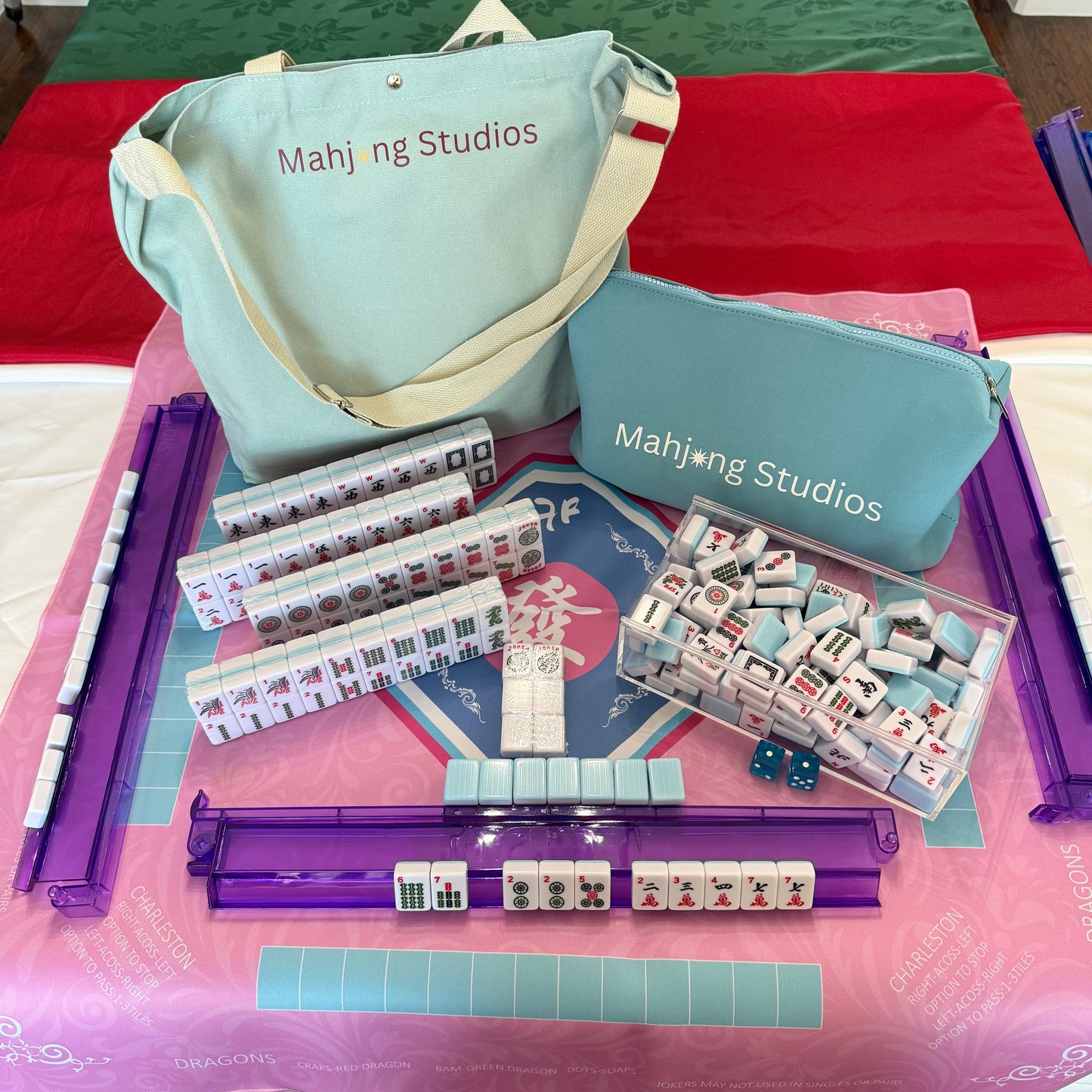 American Mahjong Set 166 Tiles Bundle - Green Bag Pink Mat 2-color blue tiles