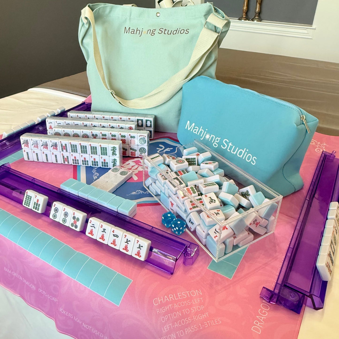 American Mahjong Set 166 Tiles Bundle - Green Bag Pink Mat 2-color blue tiles