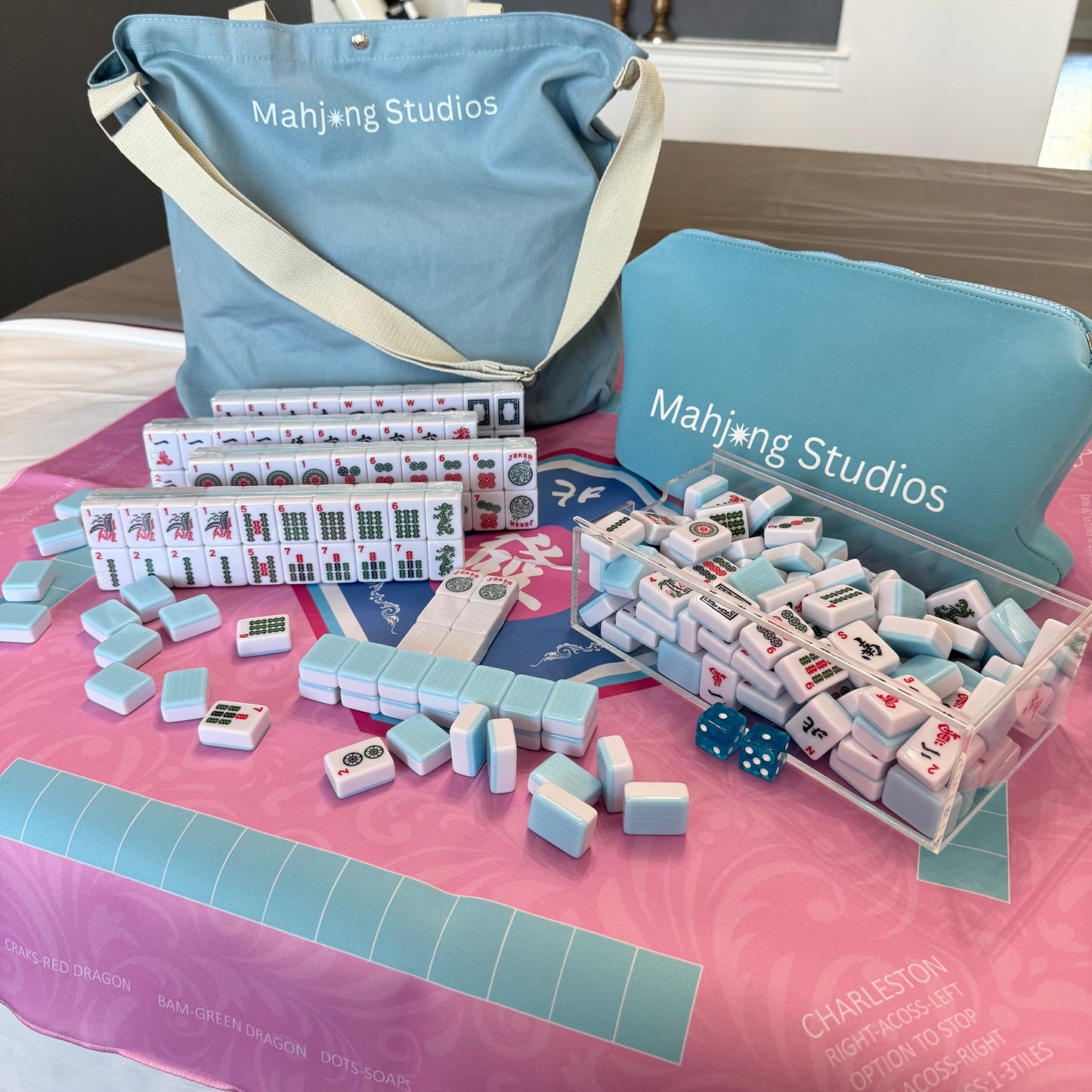 All In One - Mahjong Bundle - American Mahjong Set 166 Tiles - Blue & Tan Bag Pink Mat