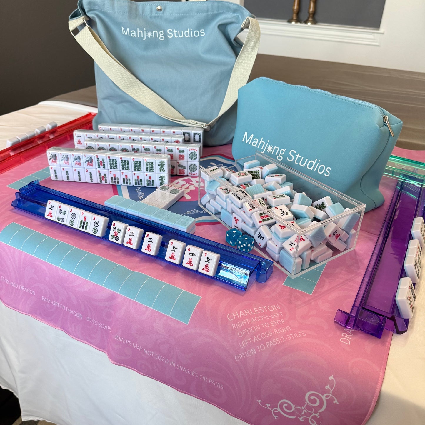 All In One - Mahjong Bundle - American Mahjong Set 166 Tiles - Blue & Tan Bag Pink Mat