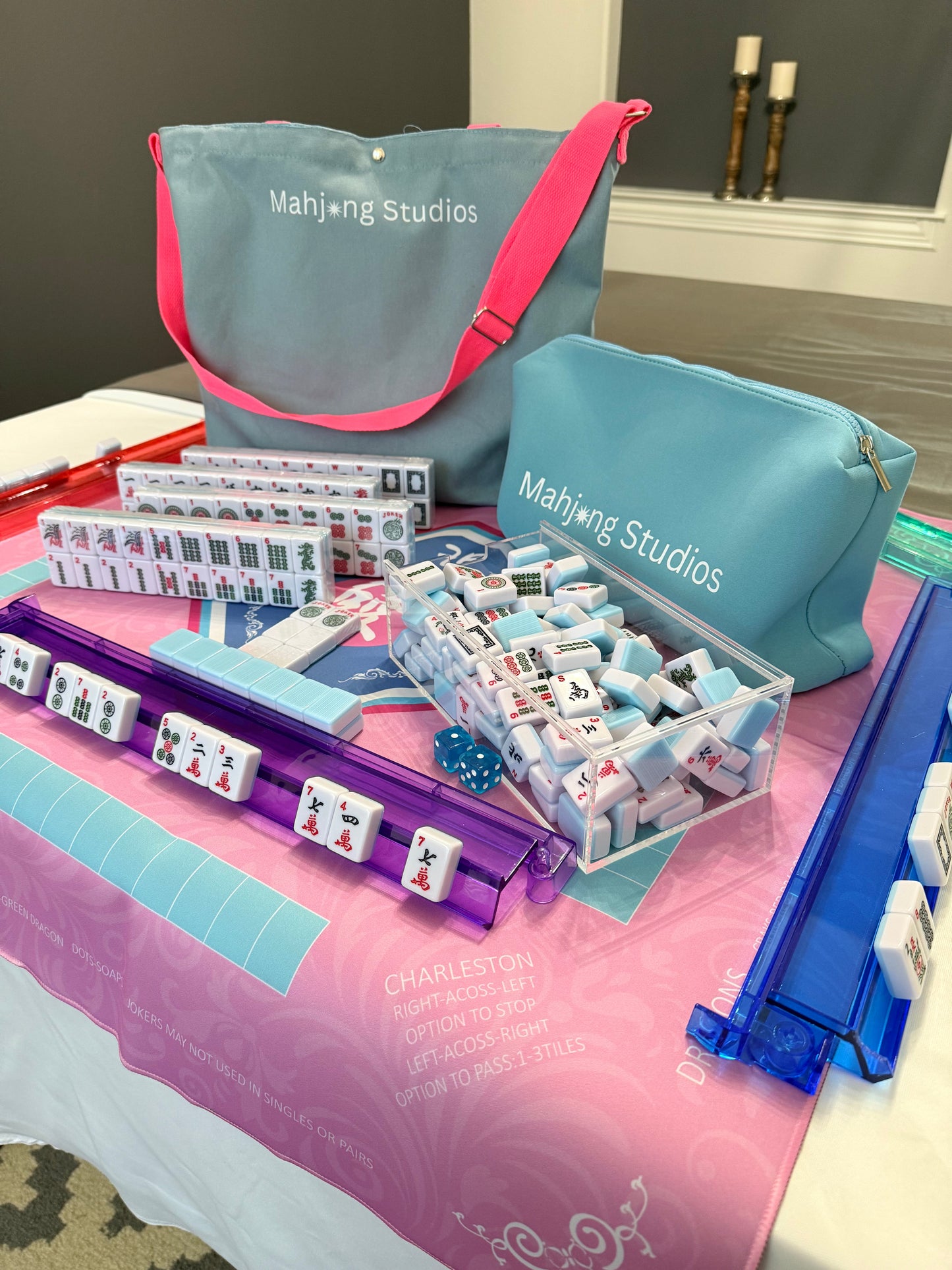 All In One - Mahjong Bundle - American Mahjong Set 166 2-Color Tiles - Blue & Pink Bag
