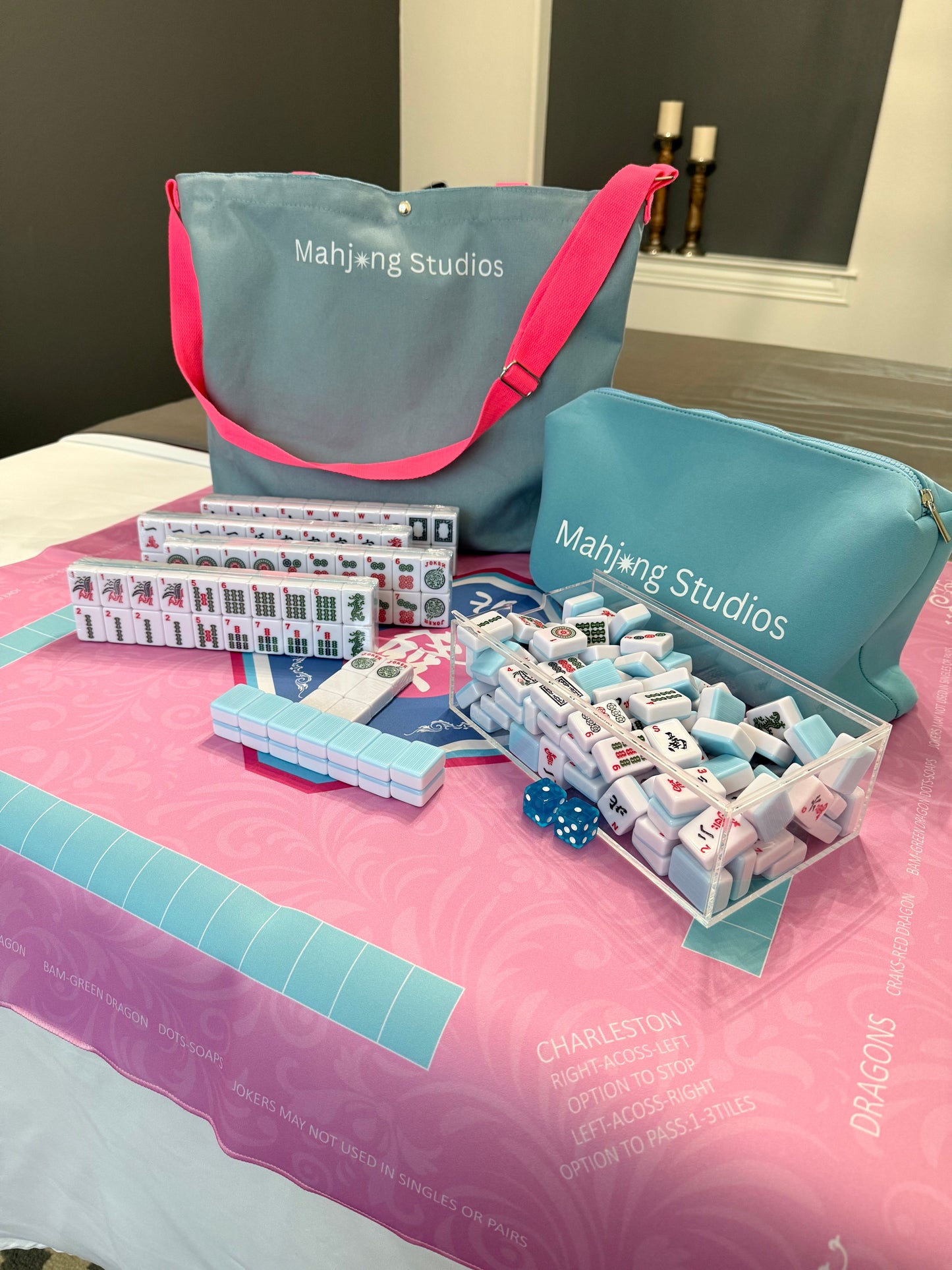 All In One - Mahjong Bundle - American Mahjong Set 166 2-Color Tiles - Blue & Pink Bag