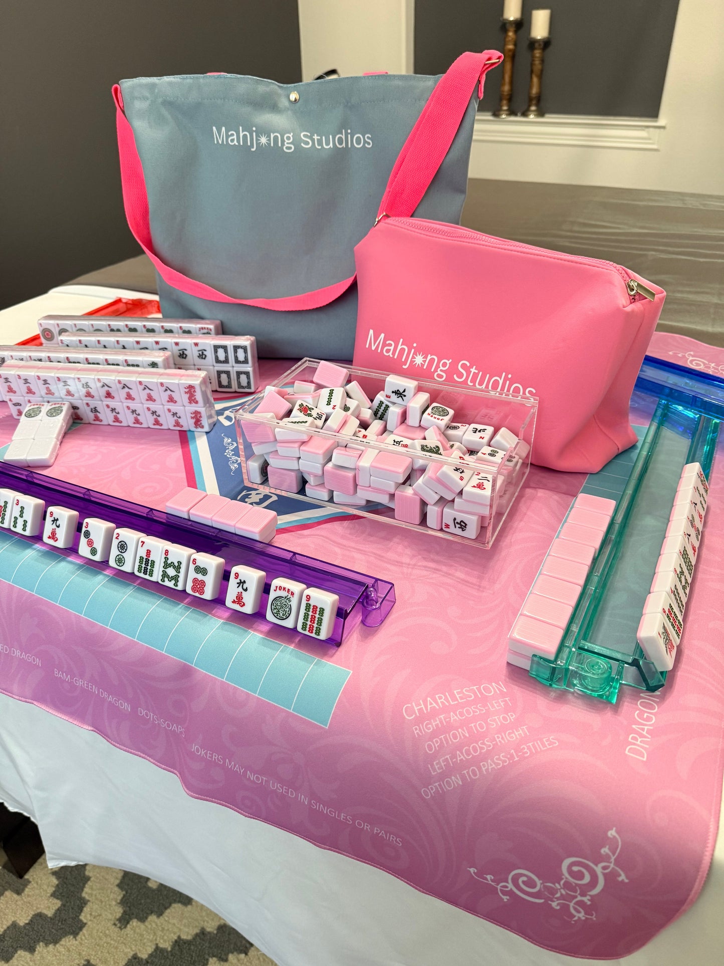All In One - Mahjong Bundle - American Mahjong Set 166 2-Color Tiles - Blue & Pink Bag