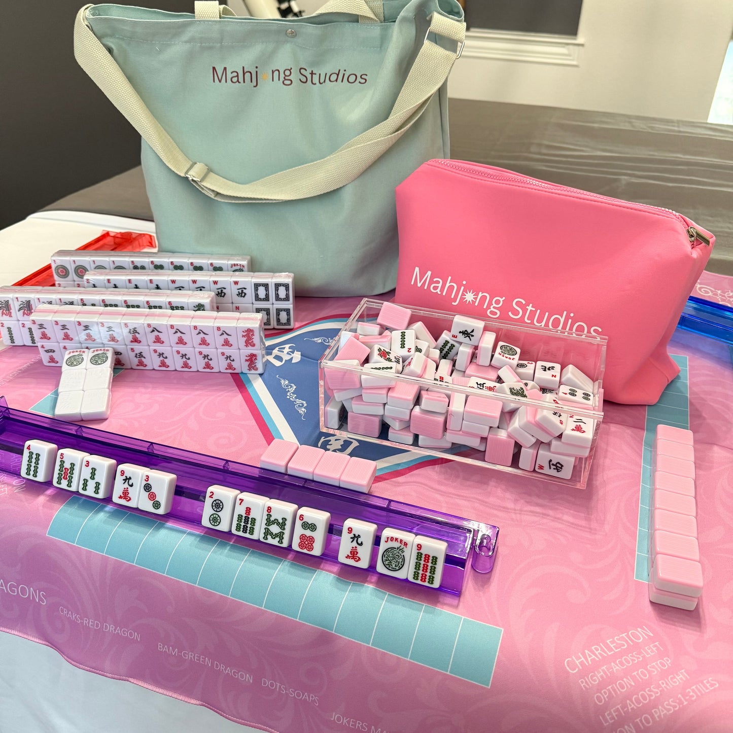 Two color Pink 166-Tiles Mahjong Bundle - American Mahjong Mat Rack Tote