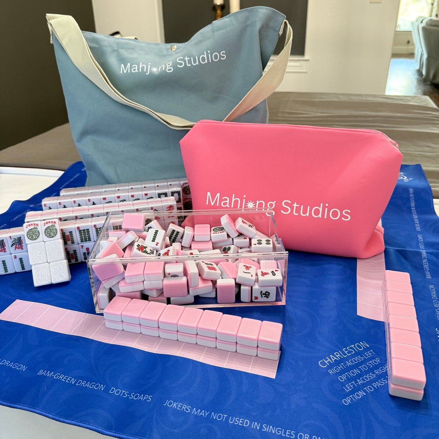 American Mahjong Set 166 Tiles - Mahjong Bundle - Blue & Tan Bag Blue Mat 2-color Pink Tiles