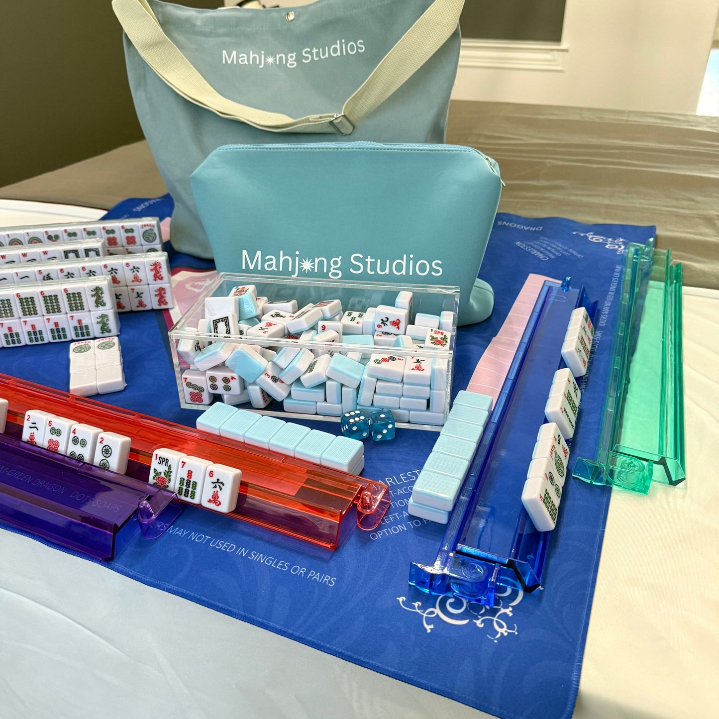 All In One - Mahjong Bundle - American Mahjong Set 166 Tiles - Blue & Tan Bag Blue Mat