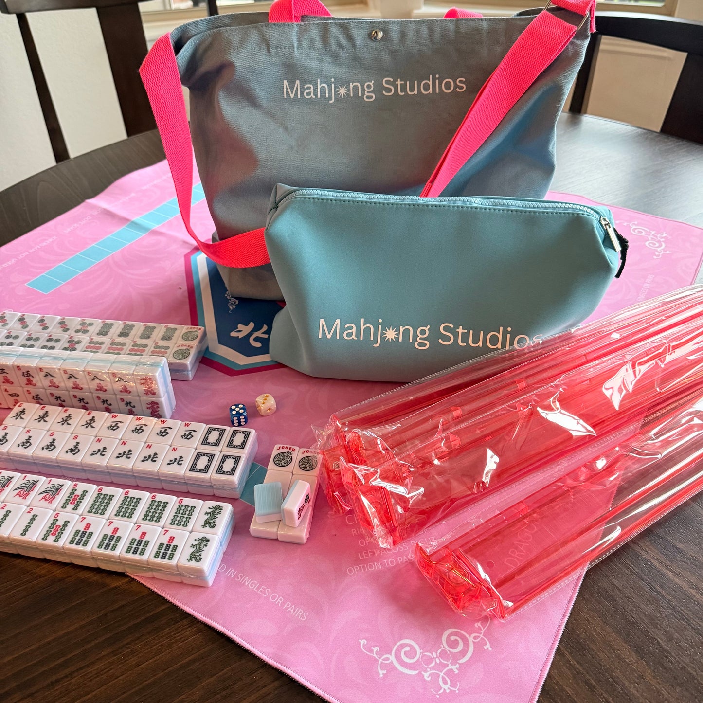 All In One - Mahjong Bundle - American Mahjong Set 166 2-Color Tiles - Blue & Pink Bag