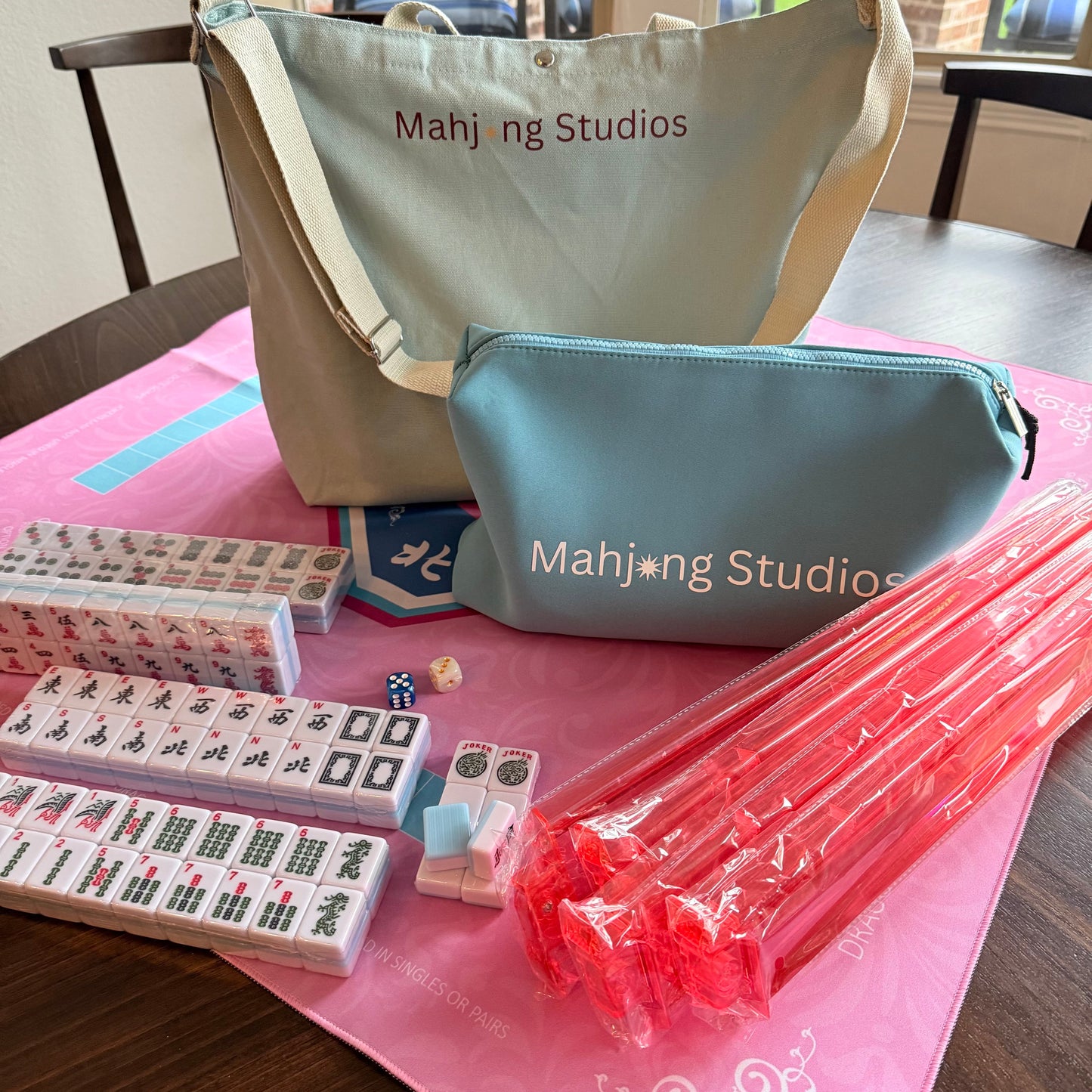 American Mahjong Set 166 Tiles Bundle - Green Bag Pink Mat 2-color blue tiles