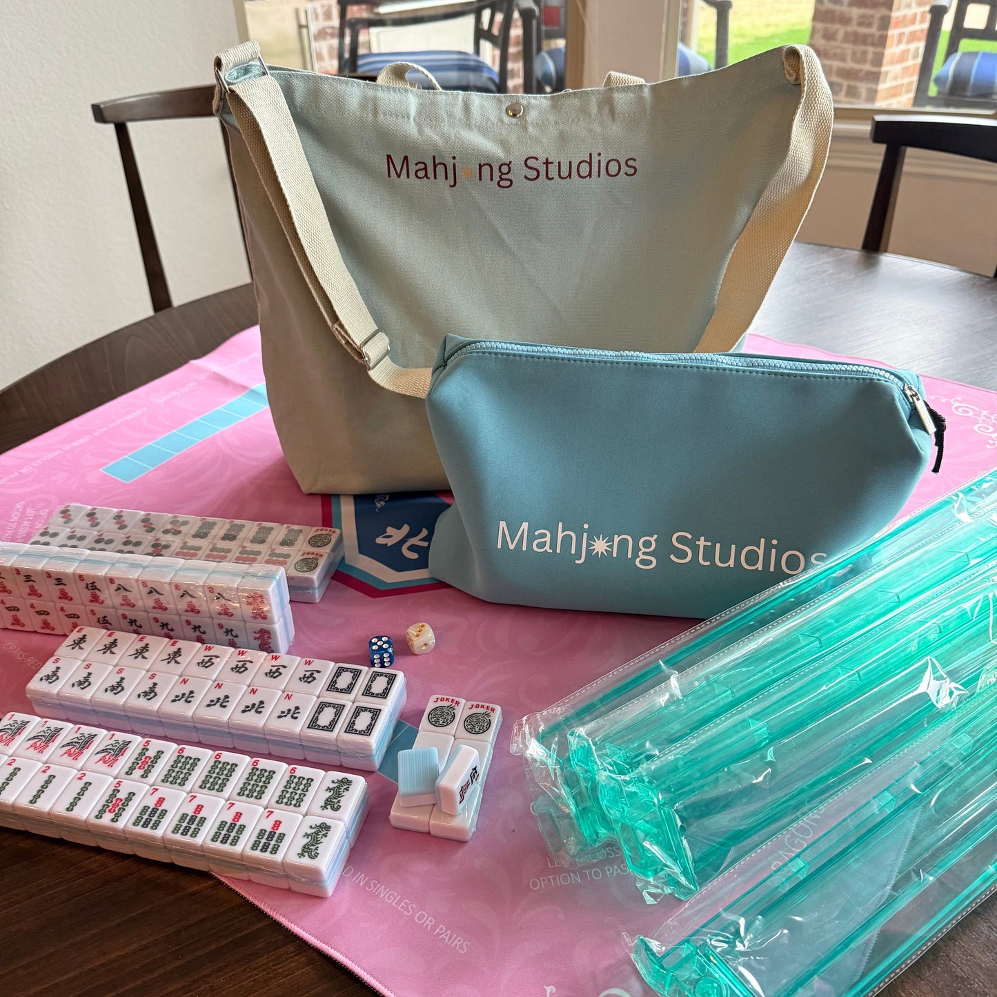 American Mahjong Set 166 Tiles Bundle - Green Bag Pink Mat 2-color blue tiles