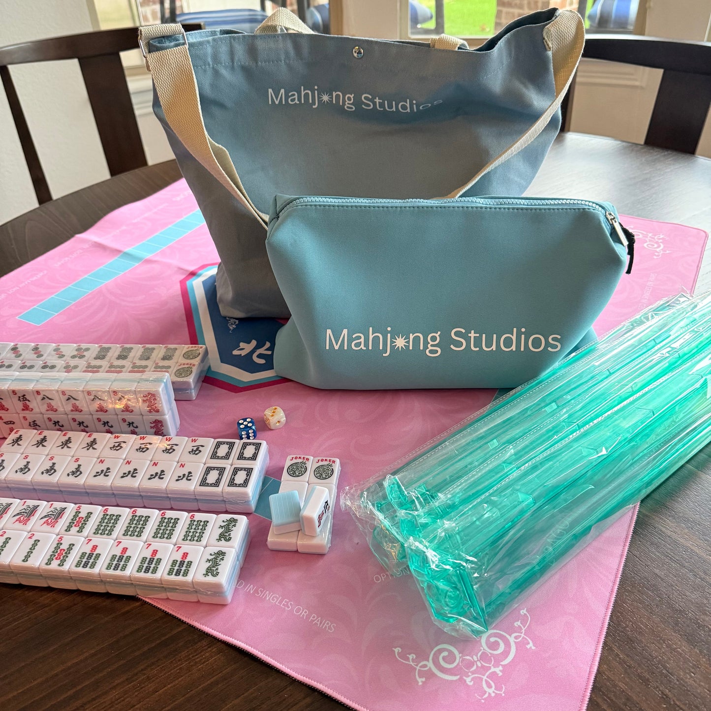 All In One - Mahjong Bundle - American Mahjong Set 166 Tiles - Blue & Tan Bag Pink Mat