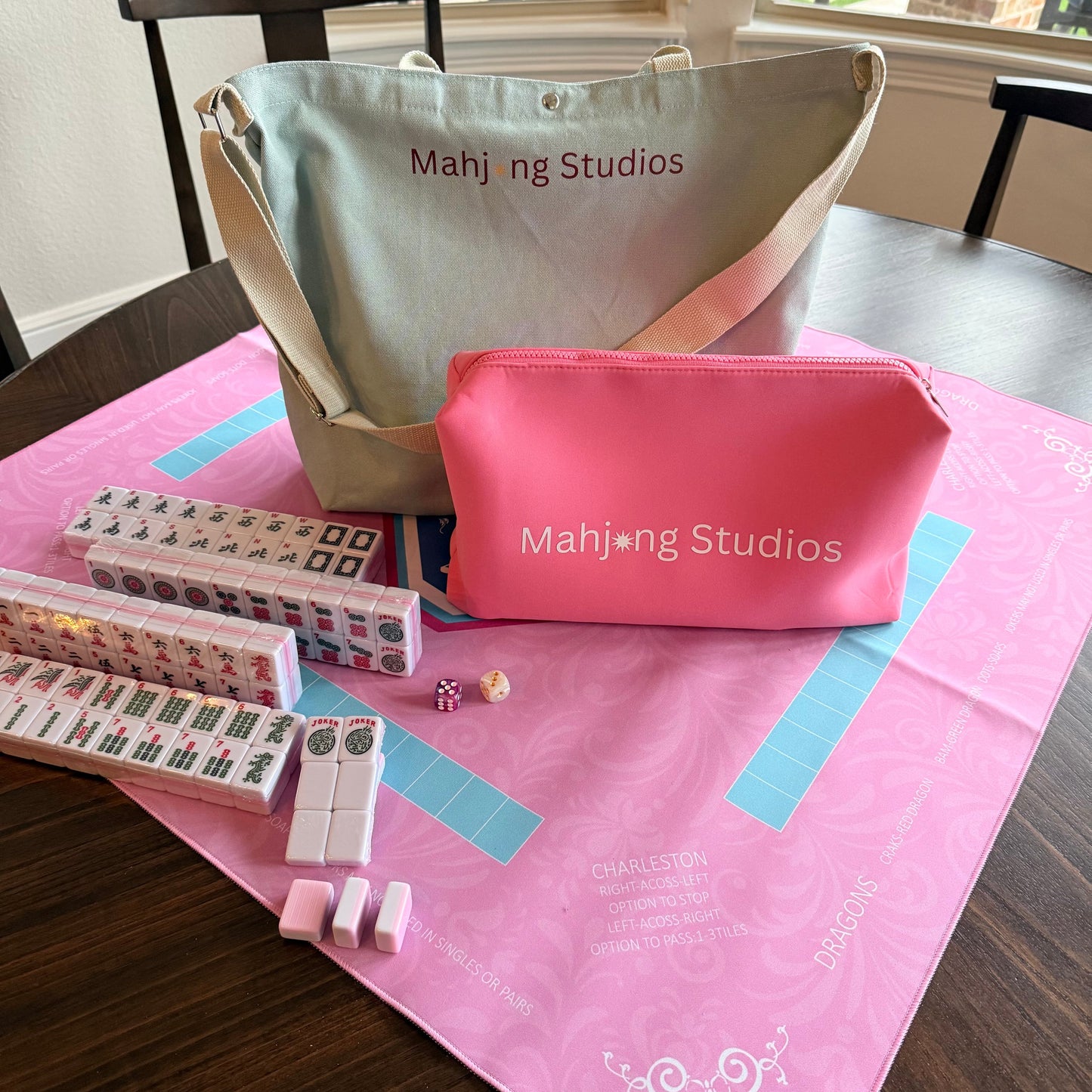 Two color Pink 166-Tiles Mahjong Bundle - American Mahjong Mat Rack Tote