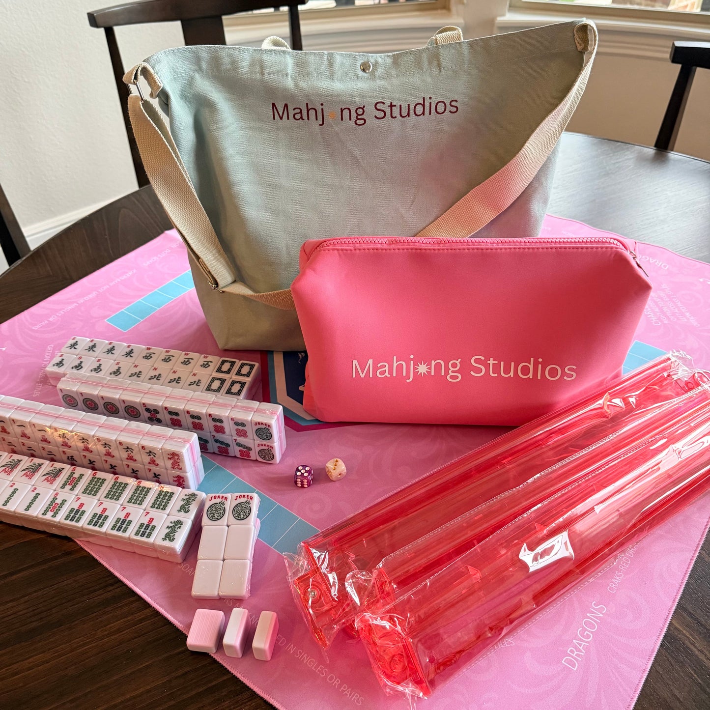 Two color Pink 166-Tiles Mahjong Bundle - American Mahjong Mat Rack Tote