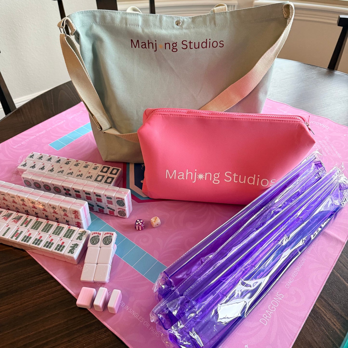 Two color Pink 166-Tiles Mahjong Bundle - American Mahjong Mat Rack Tote