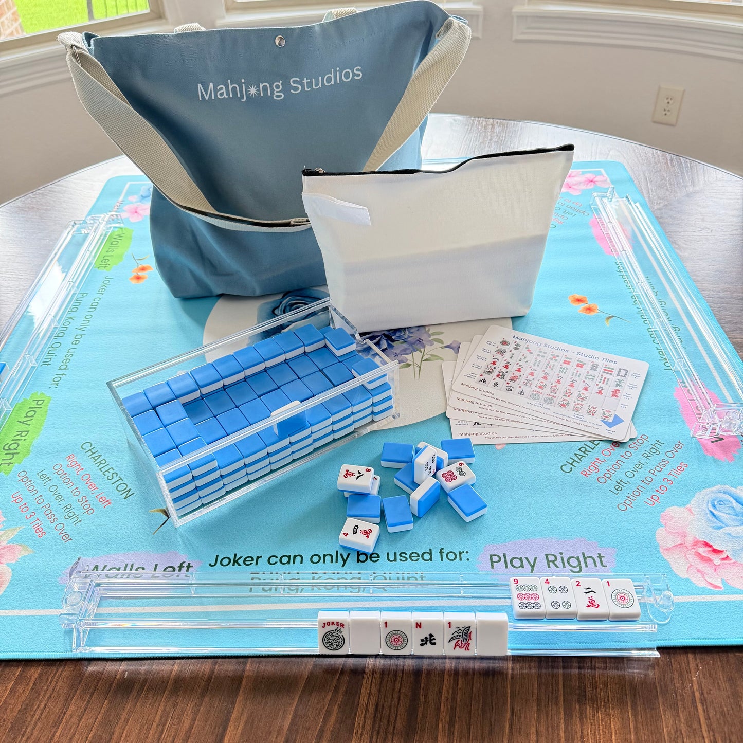 Blue Mahjong Tiles Bundle – American Mahjong 166 Tiles, Studio Tiles Clear Racks