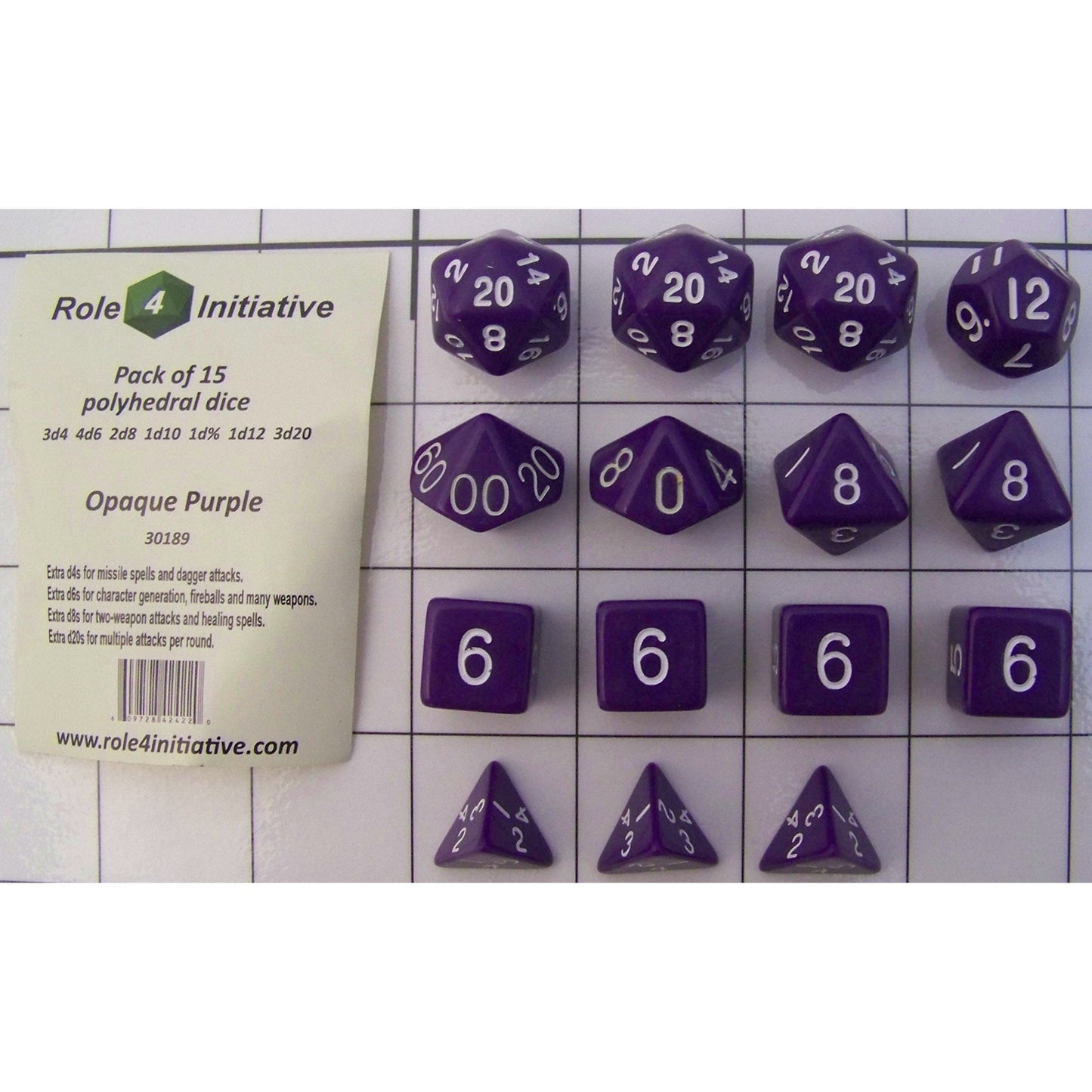 Pack Of 15 Rpg Polyhedral Dice, Opaque Purple: 3D4 4D6 2D8 D10 D% D12 3D20