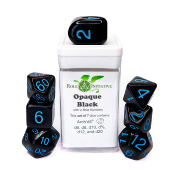 Role 4 Initiative R4I50007-7C Dice, Opaque Black with Blue Numbers - Set of 7