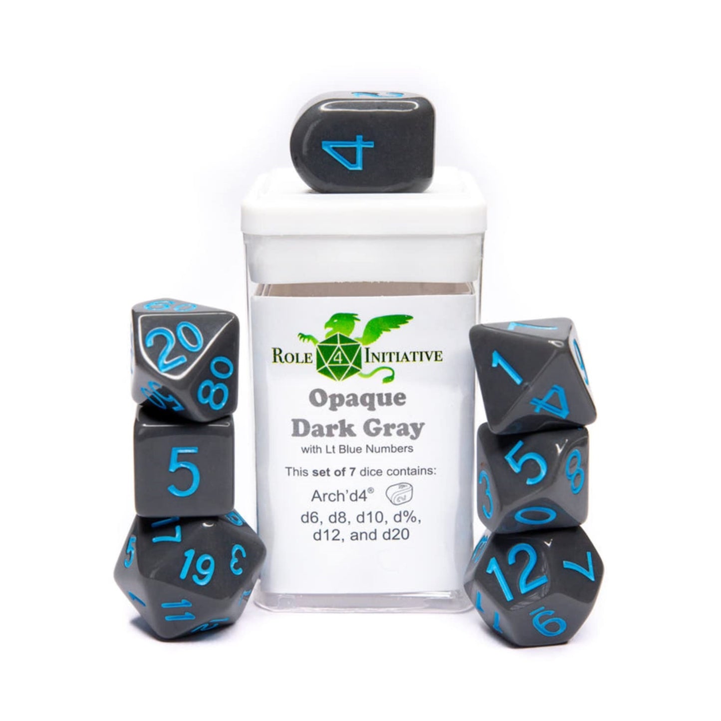 Role 4 Initiative R4I Dice w/ Arch'd4: Opaque - Dark Gray w/ Light Blue (7)