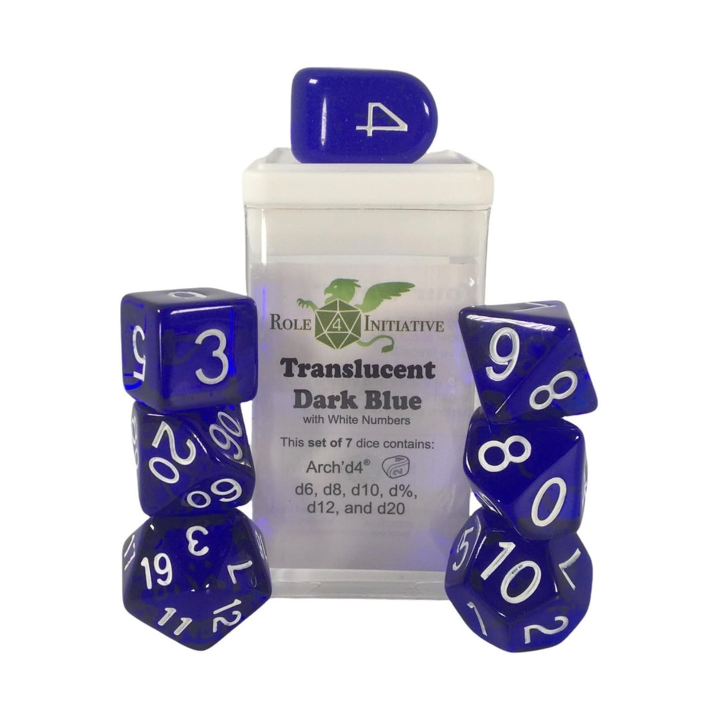 Role 4 Initiative Polyhedral Dice - Translucent Dark Blue W/White And Arch'D4 (7)