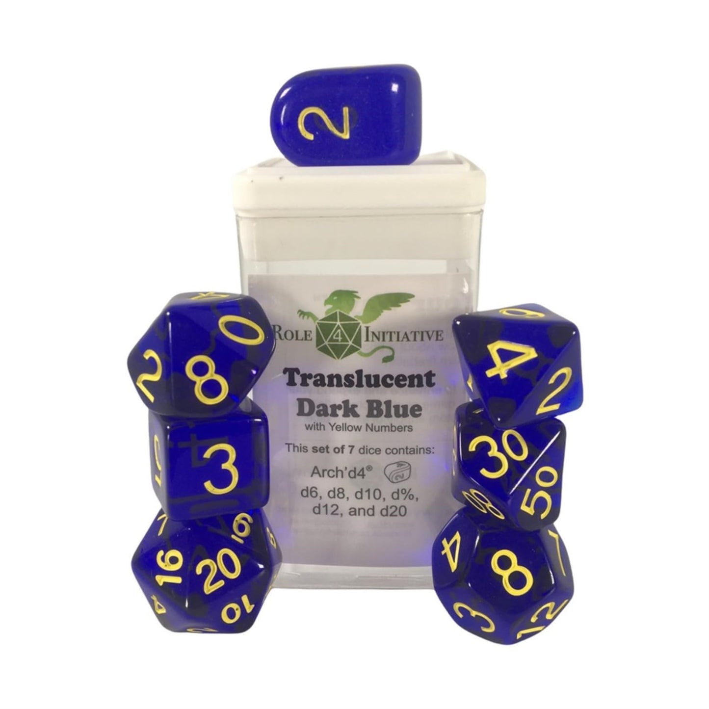 Role 4 Initiative Polyhedral Dice - Translucent Dark Blue W/Yellow And Arch'D4 (7)