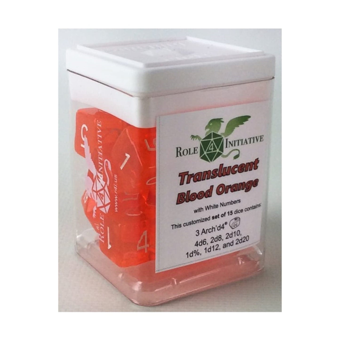 R4I Dice W/Arch'D4: Translucent - Blood Orange W/White (15)