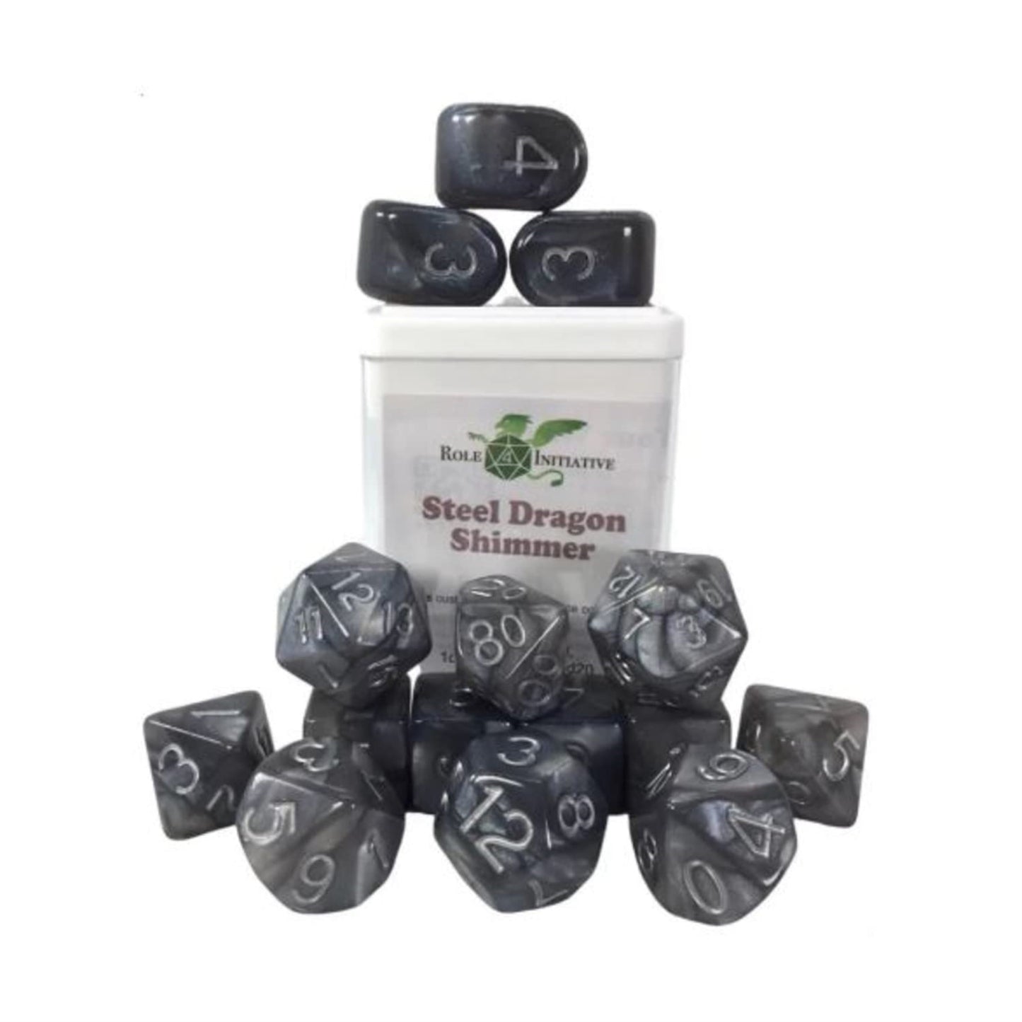 Role 4 Initiative Poly Set Steel Dragon Shimmer W/Arch'D4, Metallic Ink (15)